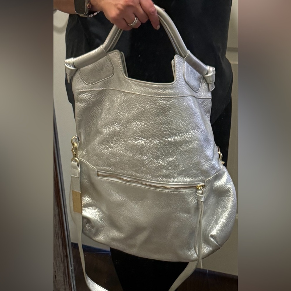 NWOT Foley + Corinna Sz Lg silver convertible bag crossbody clutch hobo
